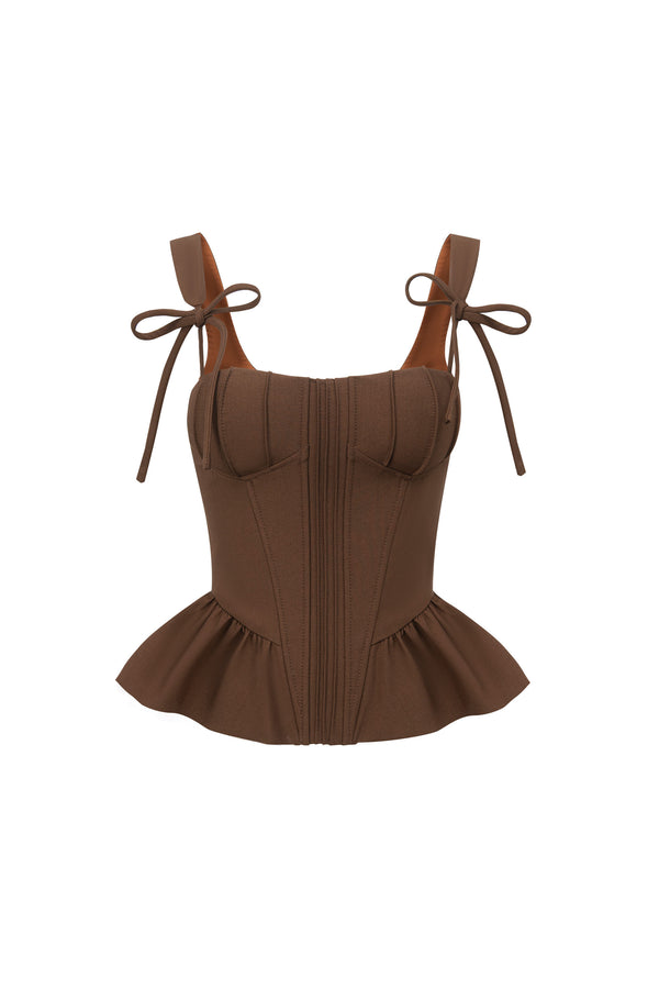 Corset Top with Tie-Strap Shoulders and Peplum Hem
