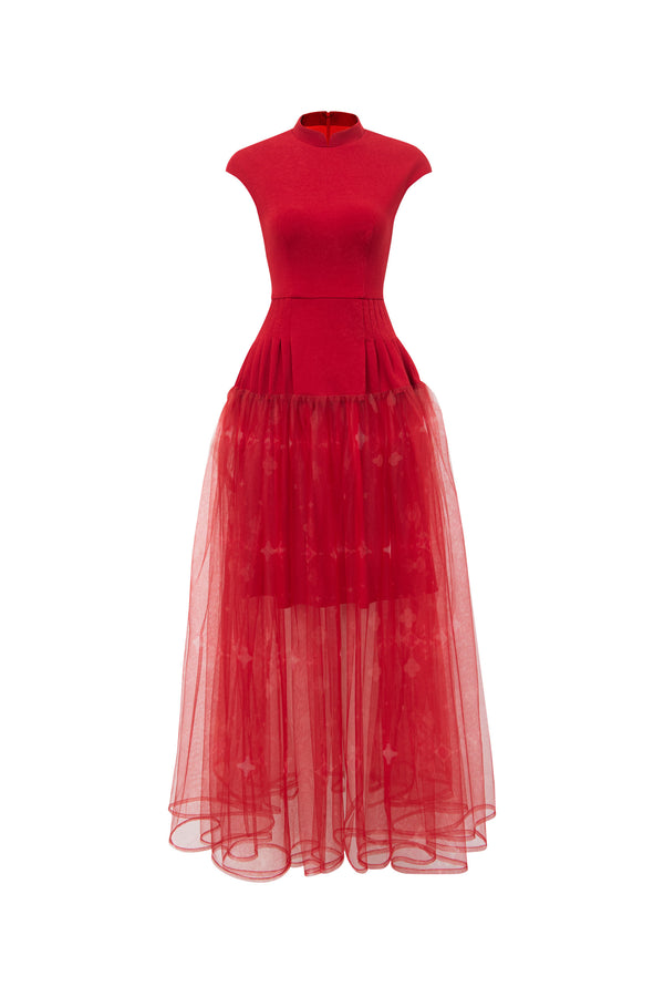 High-Neck Fitted Bodice with Sheer Tulle Flared dress